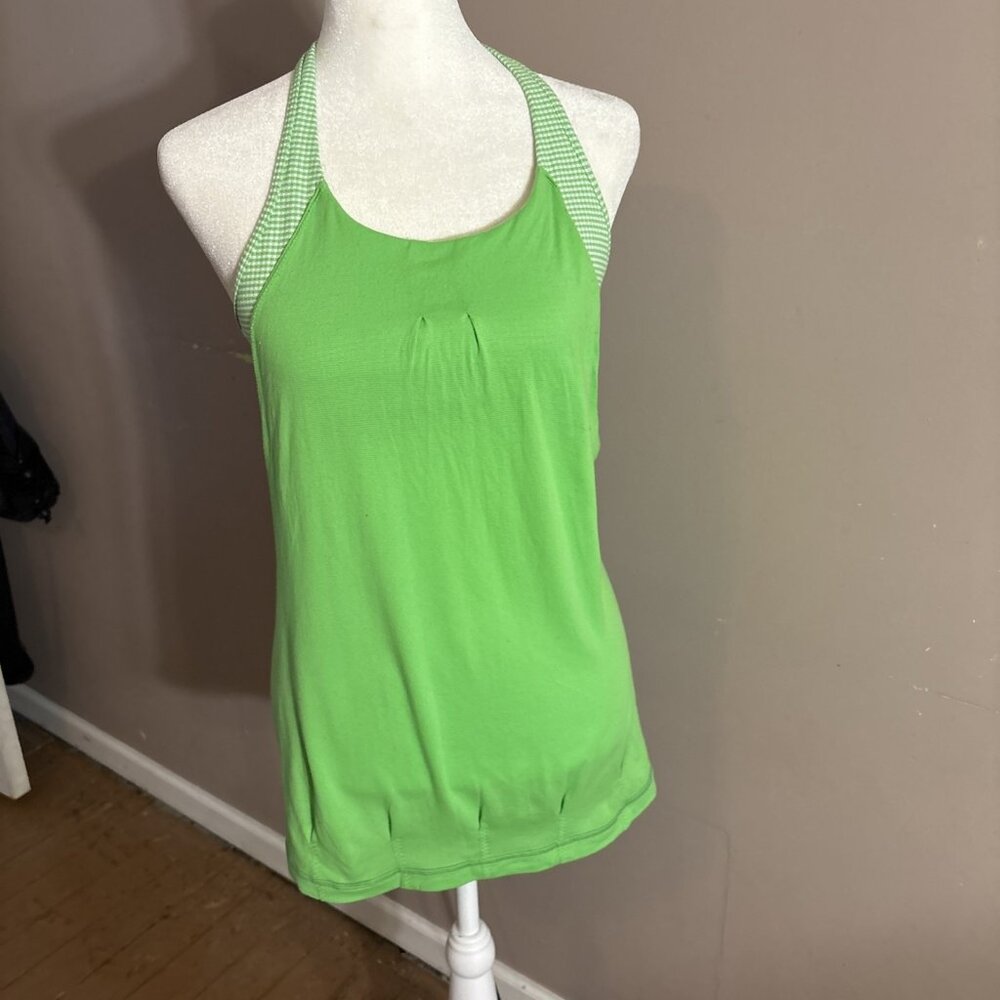 Lululemon Wms Green & White Gingham Print Pattern Tank Top Size 6 Built In Bra